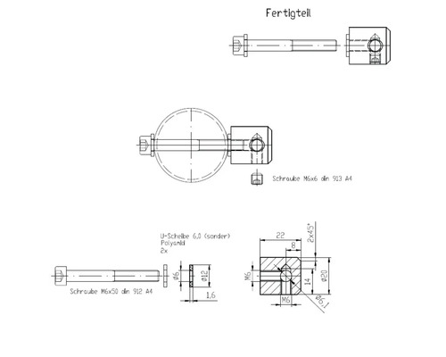Dessin technique d''une pièce finie avec vis, rondelles et polyamide