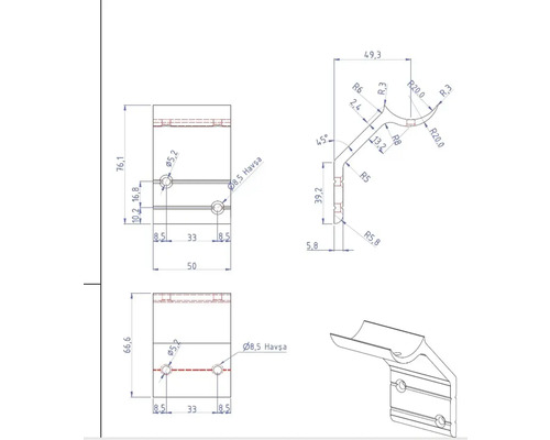 Dessin technique d''une pièce métallique avec indications de dimensions.