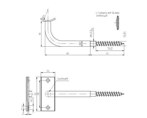 Dessin technique d''un support avec vis et rondelle en caoutchouc