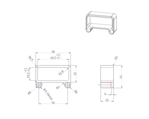Technische Zeichnung eines Gerätefußes mit Maßangaben