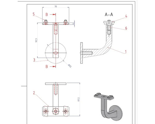 Technische Zeichnung einer Wandhalterung mit Maßangaben.