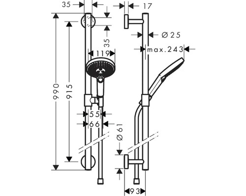 Schéma technique d''un set de douche avec douchette à main et douche de tête
