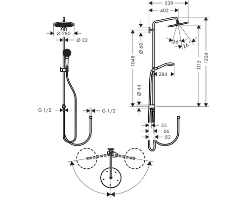 Technische Zeichnung einer Duschgarnitur mit Maßangaben
