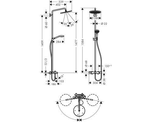 Schéma technique d''un robinet de douche avec indication des dimensions
