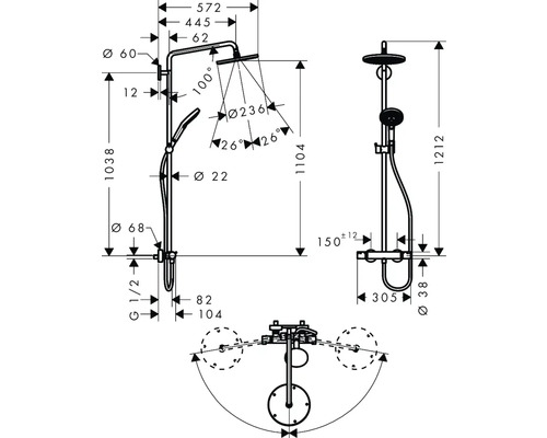 Technische Zeichnung einer Duscharmatur mit Maßen