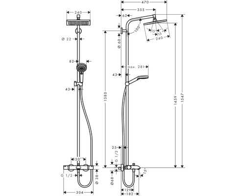 Technische Zeichnung eines Duschpaneels mit Maßangaben