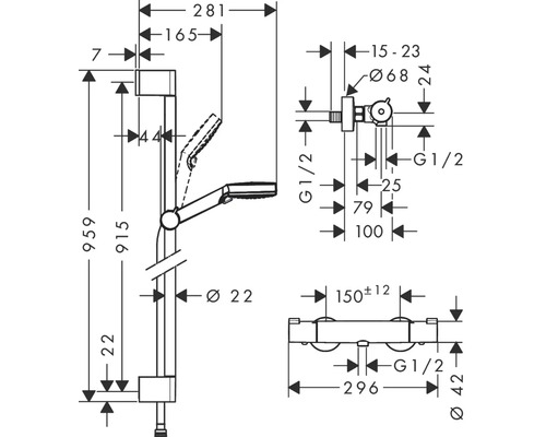Dessin technique d''une barre de douche avec dimensions