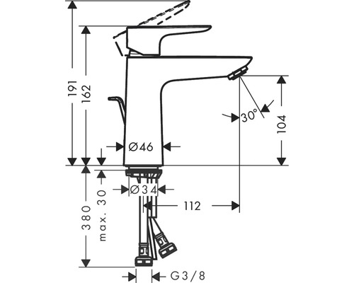 Schéma technique d''un robinet avec indication des dimensions