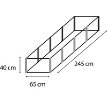 Schema einer Pflanztisch-Konstruktion mit den Maßen 245 cm Länge, 65 cm Breite und 40 cm Höhe.