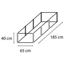 Illustration eines Hochbeets mit den Maßen 40 cm Höhe, 65 cm Breite und 185 cm Länge.