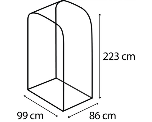 Abbildung einer Kleiderständer-Konstruktion mit den Maßen 223 cm Höhe, 99 cm Breite und 86 cm Tiefe.