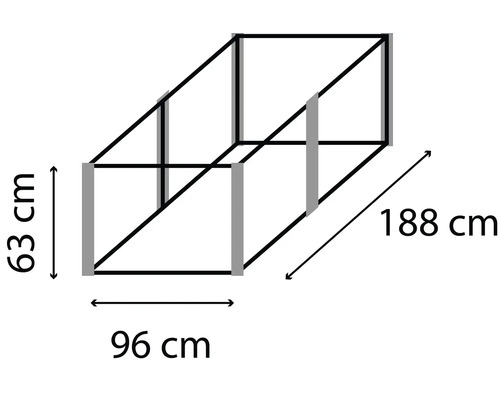 Produktmaßzeichnung mit den Maßen 63 cm, 96 cm und 188 cm