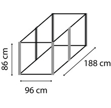 Dimensions d''une étagère: 86 centimètres de haut, 96 centimètres de large et 188 centimètres de profondeur.