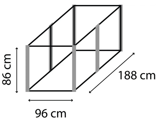 Abmessungen eines Regals: 86 Zentimeter hoch, 96 Zentimeter breit und 188 Zentimeter tief.