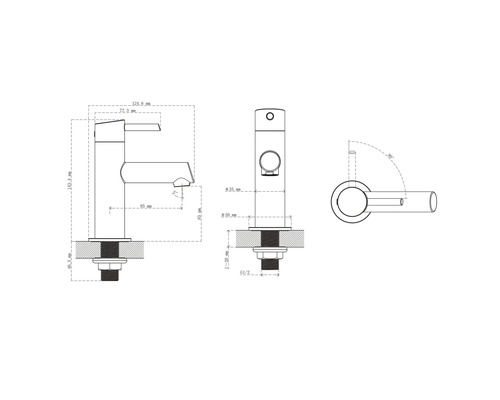 Technische Zeichnung einer Armatur mit Maßangaben