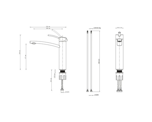 Technische Zeichnung einer Armatur mit Maßangaben