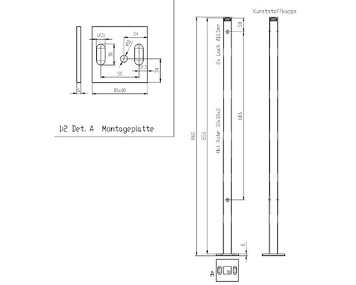 Dessin technique d''une plaque de montage et d''un tube carré avec capuchon en plastique et indications de dimension