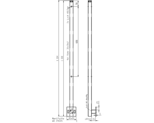 Dessin technique d''un tube carré avec plaque de montage et détails des trous