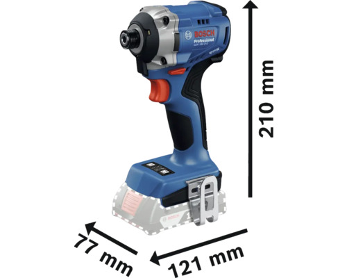 Bosch Professional Akku-Schlagschrauber mit den Maßen 210 mm Höhe, 77 mm Breite und 121 mm Länge