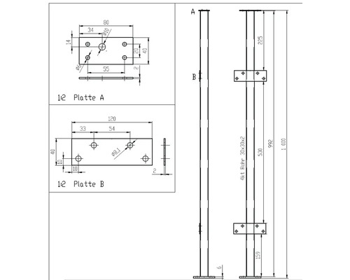 Dessin technique avec les dimensions de la plaque A, de la plaque B et d''un tube carré