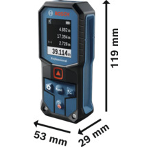 Télémètre Bosch Professional avec des dimensions de 119 mm de hauteur, 53 mm de largeur et 29 mm de profondeur.