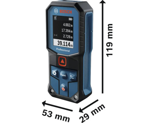 Télémètre Bosch Professional avec des dimensions de 119 mm de hauteur, 53 mm de largeur et 29 mm de profondeur.