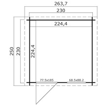 Grundrisszeichnung eines Gartenhauses mit Maßangaben für Wände, Tür und Fenster