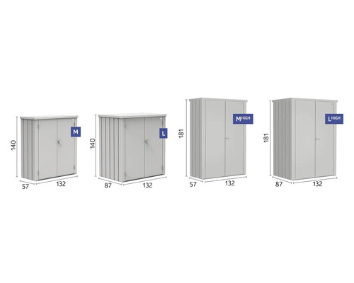 Illustration de différentes armoires de jardin dans les tailles M, L, M High et L High avec dimensions
