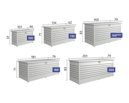 Différentes tailles d''un coffre de rangement avec dimensions