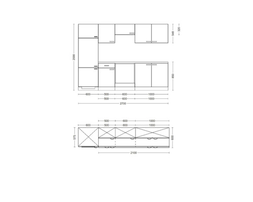 Technische Zeichnung einer Küchenzeile mit Maßen.