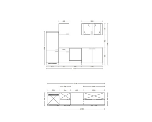 Skizze einer Küchenzeile mit Maßen