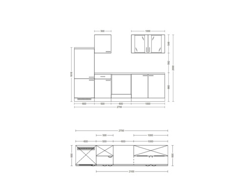 Skizze einer Küchenzeile mit Maßen.