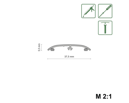 Baguette profilée avec joint, dimensions 37,5 mm x 5,5 mm