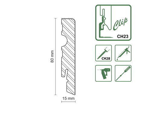 Profilleiste mit den Maßen 80 mal 15 Millimeter und Symbole zur Befestigung