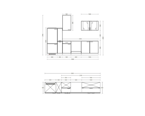 Technische Zeichnung einer Küche mit Maßen