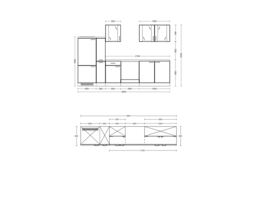 Skizze einer Küchenzeile mit Maßen.