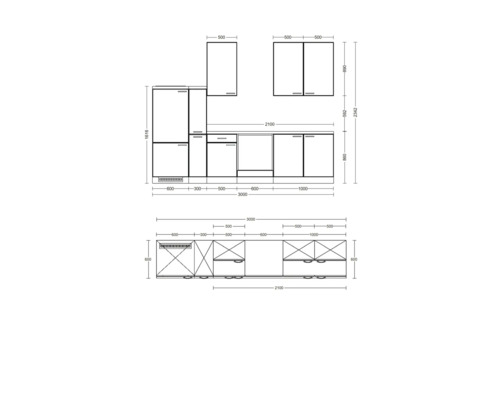 Technische Zeichnung einer Küche mit Maßen