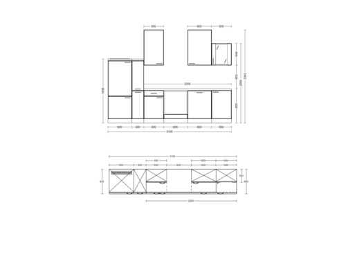 Technische Zeichnung einer Küchenzeile mit Maßen