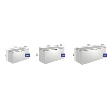 Image de trois coffres de rangement de différentes tailles avec des indications de dimensions.