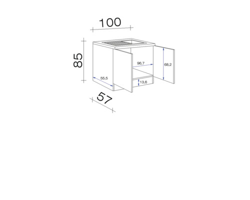 Plan technique d''un meuble sous-lavabo avec dimensions