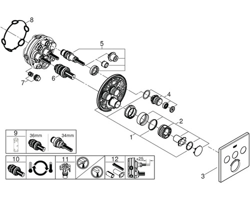 Schéma éclaté d''un robinet avec pièces détachées et dimensions