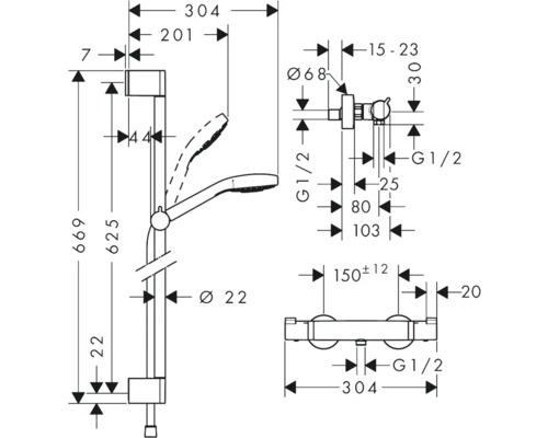 Schéma technique d''une barre de douche avec douchette à main et indications de dimensions