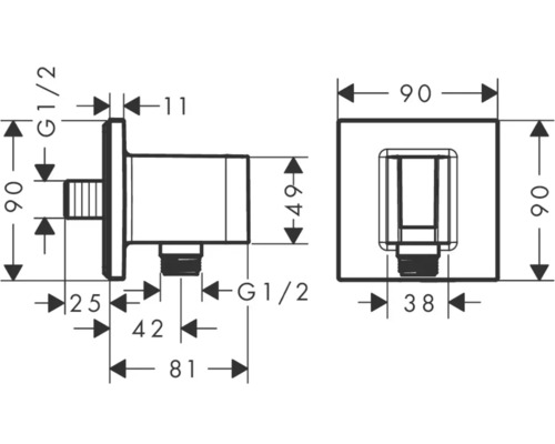 Technische Zeichnung eines Eckventils mit Maßangaben