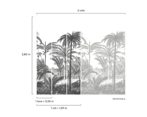 Papier peint avec motif de palmiers et indications de taille