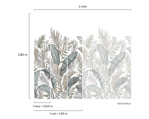 Papier peint avec motif de feuilles et indications de dimensions