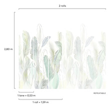 Motif de papier peint avec motif de plumes et indications de taille