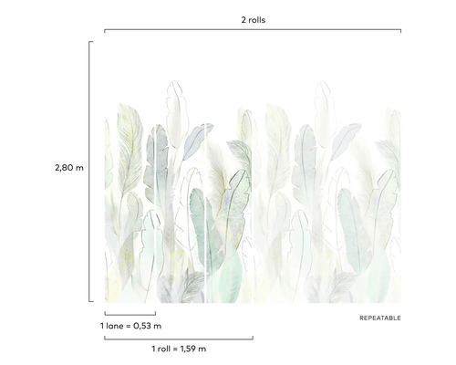 Motif de papier peint avec motif de plumes et indications de taille