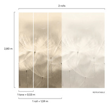 Papier peint avec motif de pissenlit, deux rouleaux, motif répétable, 2,80 mètres de hauteur, une voie mesure 0,53 mètre de large, un rouleau mesure 1,59 mètre de large