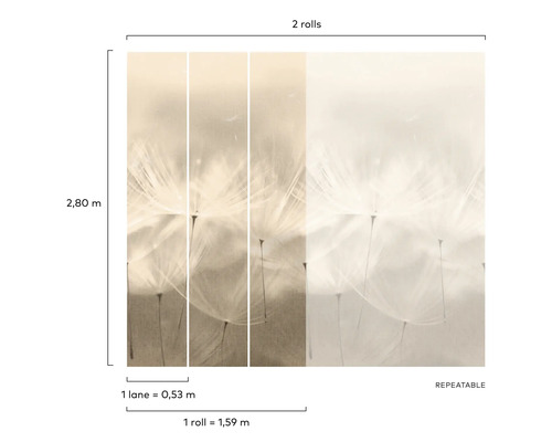 Papier peint avec motif de pissenlit, deux rouleaux, motif répétable, 2,80 mètres de hauteur, une voie mesure 0,53 mètre de large, un rouleau mesure 1,59 mètre de large