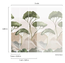 Tapete mit Baumdesign und Größenangaben für zwei Rollen